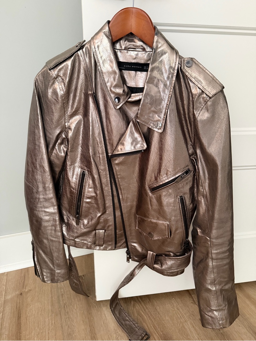 Zara Metallic Leather Biker Jacket
